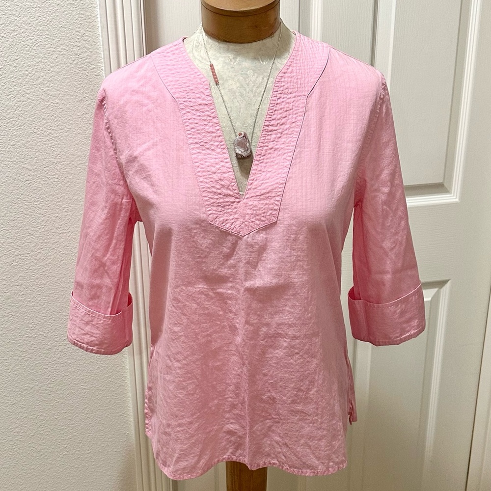 Vintage Gap Women’s 3/4 Sleeve Pink V-Neck Bohemian Tunic with Side Slits - M